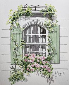 a watercolor painting of a window with green shutters and pink flowers