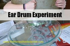 a glass bowl filled with water and surrounded by papers on the table that says ear drum experiment