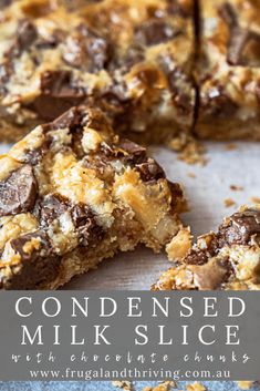 a close up of a piece of cake on a plate with the words, condensed milk slice