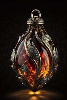 an ornate glass ornament with flames in it