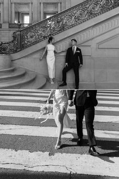 black and white photograph of people walking down the street in front of a building with stairs