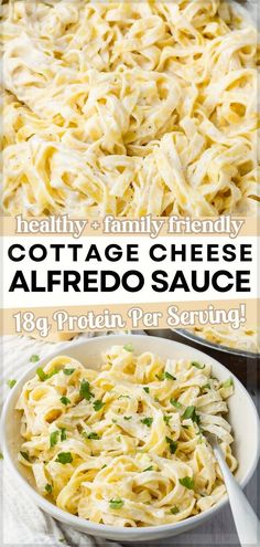 the recipe for cottage cheese alfredo sauce in a white bowl