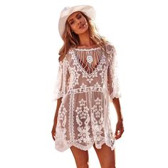 Show off your boho side with this one-of-a-kind Wanderlust Vibes Lace Bikini Cover Up Dress. Featuring beautiful flare sleeve lace embroidery, this mini dress adds a touch of elegance and sexiness to your beach look. Material: Lace, Cotton One Size : Length 90cm Chest 94cm Sleeve 36cm Bohemian Lace Patchwork Summer Cover-up, Bohemian Fitted Sheer Cover-up, Hollow Out Summer Festival Cover-up, Vacation Crochet Lace Mini Dress, Crochet Lace Mini Dress For Vacation, Lace Mini Dress For The Beach, Lace Mini Beach Dress, Bohemian Hollow Out Dress For Beach Cover-up, Lace Mini Dress For Beach