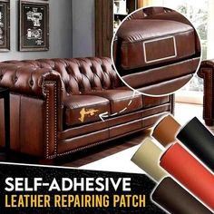 a leather sofa with the words self - adhesive leather repairing patch in front of it