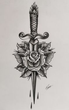 a drawing of a dagger with roses on it