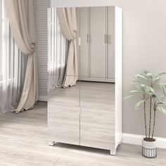 a white cabinet sitting next to a potted plant on top of a hard wood floor