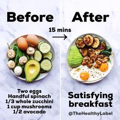 two plates with eggs, avocado and spinach on them before and after breakfast