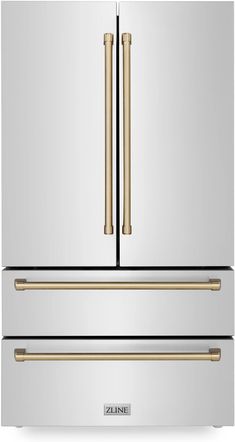 a stainless steel refrigerator with two gold handles