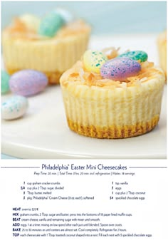 a recipe for mini cheesecakes with colored eggs in the middle and on top