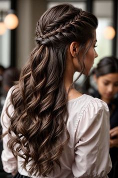 Bridesmaid Hairstyles French Braid, Hair Down French Braid, Loose Formal Hairstyles, Ribbon In Hair Wedding, Formal Dress Hairstyles For Long Hair, Braided Hair Prom, French Hairstyles Long, Bridgeton Hairstyles, Formal Braids