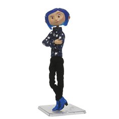 a doll with blue hair and black pants standing on top of a white boarder