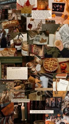 a collage of photos with autumn and fall themes in them, including books, candles, pumpkins, apples, leaves