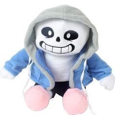 a stuffed toy with a hoodie on it's head and eyes, sitting down