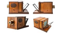 four different types of old fashioned wooden radio