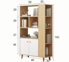 an image of a book shelf with books on it and measurements for the shelves below