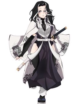 an anime character with long black hair and white dress, holding two swords in her hands