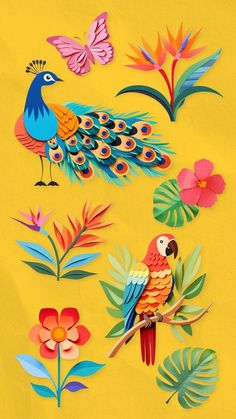 colorful paper cut birds and flowers on a yellow background