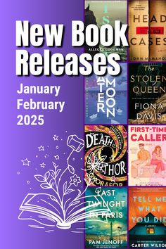 Colourful grid of book covers down one side with block colour and text heading "New Book Releases January February 2025" on the other