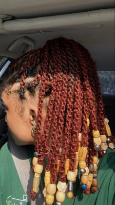 Twists With Beads Hairstyles, Red Locs With Beads, Burgundy Marley Twists, Burgundy Mini Twists, Island Twist With Beads, Red Mini Twists, Red Twists Black Women