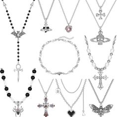 11pcs Necklaces For Women: Heart Saturn Necklace, Star Heart Necklace, Heart Layered Necklace, Pearl Cross Choker, Angel Heart Wing Choker, Gothic Spider Necklace, Skull Necklace, Cross Skull Saturn Layered Necklace, Pink Crystal Cross Pendant Necklace, Ankh Cross Bat Necklace, Enough Options For You To Choose And Match Your Different Outfits. Material: These Vintage Necklaces Are Made Of Quality Alloy, High Polished Surface, Lightweight And Smooth To Wear. Gothic Necklace: These Grunge Necklace Grunge Necklaces, Grunge Cross, Gothic Spider, Emo Jewelry, Grunge Necklace, Bat Necklace, Saturn Necklace, Grunge Accessories, Cross Jewelry Necklace