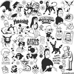 an assortment of stickers that include cartoon characters and other things in black and white