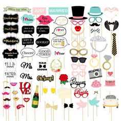 wedding photo booth props with mustaches, hats and glasses on sticks for decoration or party