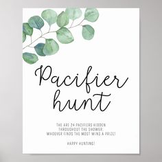 a card with the words pacificr hunt written in black ink on it and green leaves