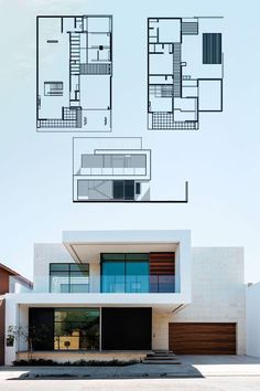 the front and back side of a modern house with three floors, two garages, and