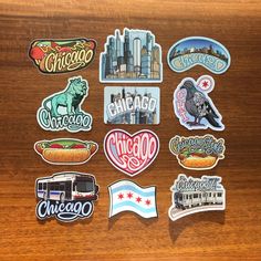 the chicago stickers are all different colors and sizes