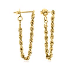 Ross-Simons - 18kt Gold Over Sterling Endless Rope Chain Drop Earrings. Crafted in polished 18kt yellow gold over sterling silver, these endless rope chain drop earrings are slinky and sophisticated! They bring a minimalist flair to your look in a chic style that's so easy and approachable to wear and pair. The rope chain attaches to the clutch for a chic, endless look from front to back. Hanging length is 1 1/4". Post/clutch, 18kt gold over sterling endless rope chain drop earrings. Classic Gold Cable Chain Earrings, Yellow Gold Sterling Silver Jewelry With Rope Chain, Gold Sterling Silver Jewelry With Rope Chain, Yellow Gold Plated Earrings With Cable Chain, Jewelry Presentation, Chain Drop Earrings, Macys Jewelry, Timeless Looks, Jewelry Chain