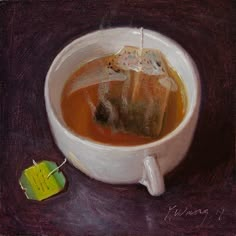 a painting of soup in a white bowl with a piece of bread on the side