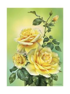 a painting of yellow roses in a vase