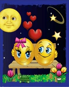 two smiley faces sitting on a bench in front of the moon and heart shaped stars