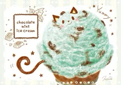 an ice cream cupcake with a cat on it's face and the caption chocolate mint ice cream