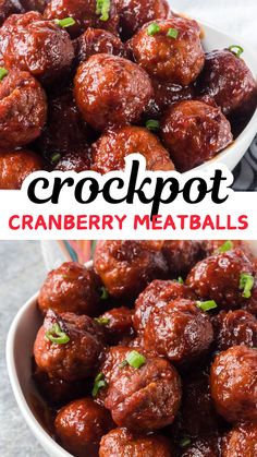 crockpot cranberry meatballs in a white bowl with text overlay