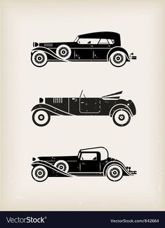 three vintage cars silhouettes in black and white epstng on a beige background