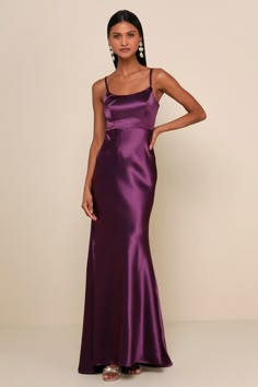 Glow up, girl! In the Lulus Make You Shine Dark Purple Satin Mermaid Maxi Dress, you'll be outshining everyone with your amazing style! Textured woven satin shapes a scoop neckline, a V-back, and a sleeveless, princess-seamed bodice supported by adjustable spaghetti straps. A fitted waist tops a full-length maxi skirt with a flattering mermaid hem. Hidden back zipper/clasp. Fit: This garment fits true to size. Length: Floor length. Size medium measures 54.5" from top to bottom. Bust: Great for a Deep Purple Prom Dress, Purple Dress Formal, Purple Prom Dress Long, Purple Satin Dress, Dark Purple Dresses, Purple Long Dress, Purple Bridesmaid Dress, Unique Bridesmaid Dresses, Mermaid Maxi Dress