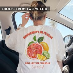 This cute shirt gives off ultimate European summer vacation vibes. The vibrant citrus themed print lets you dream of beautiful Italy. Perfect as an everyday tee or a beach cover-up. Choose between 12 cities in Italy or create your own.  FEATURED LISTINGS Strawberry Shirt: https://eonniapparel.etsy.com/listing/1686864392  Sea Shell Shirt: https://eonniapparel.etsy.com/listing/1721142351 SHIRT (Fruit of the Loom 3930R): - Lightweight tee perfect for a hot and humid climate - 5 oz./yd², pre-shrunk European Summer Vacation, Strawberry Shirt, Women Back, Cities In Italy, Italy Trip, Vacation Vibes