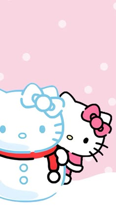 a hello kitty wallpaper with a snowman on the ground and a pink background