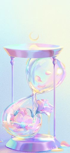 an hourglass with water flowing out of it's sides and pink flowers on the bottom