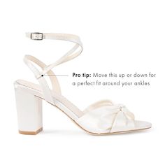 a white high heeled sandal with the words pro tip move this up down for a perfect fit around your ankles