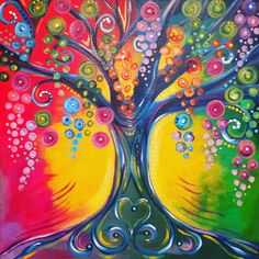 a painting of a tree with colorful circles on it