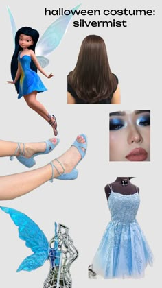 a woman in blue dress with wings and shoes on her feet, next to an image of