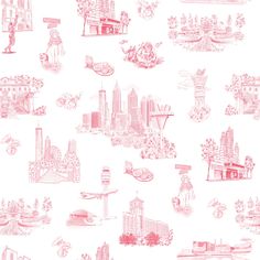 a pink and white cityscape wallpaper with trees, buildings, and flowers