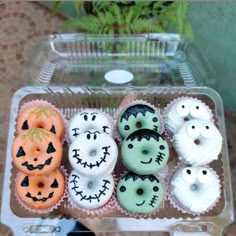 an assortment of decorated doughnuts in a plastic container on a table next to a potted plant