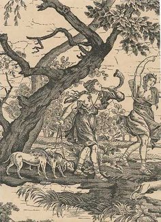 an old drawing of people and animals in the woods