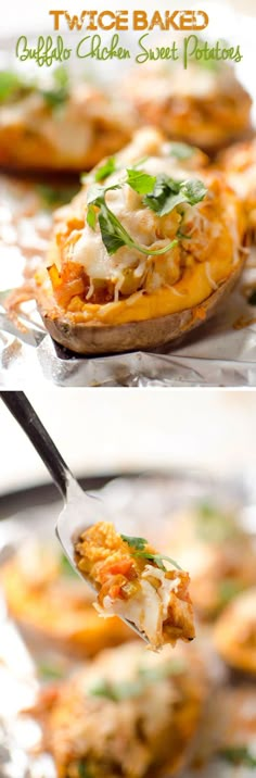 two pictures of baked sweet potatoes with cheese and herbs on them, one has a fork in it