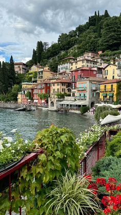 colorful houses on the shore of a lake in italy, with flowers and greenery around them