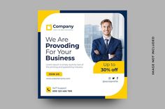 a yellow and blue business brochure with an image of a man in a suit