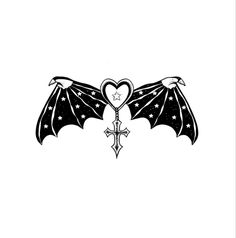 a black and white drawing of a bat with stars on it's wings, in the shape of a cross